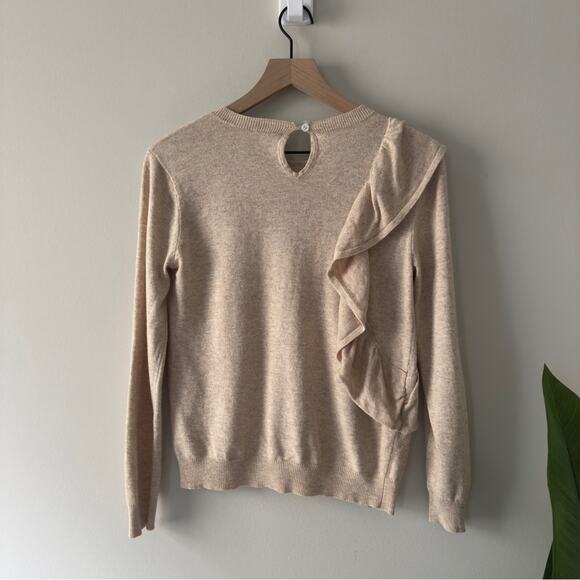 Anthropologie Moth Ruffle Beige tight Knit Sweater long sleeve crew neck keyhole - Picture 2 of 8